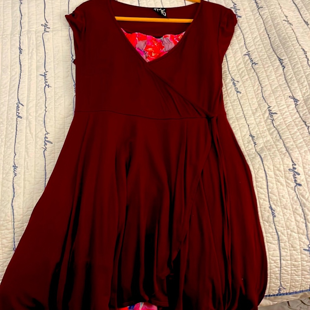 Burgundy dress with pink floral under